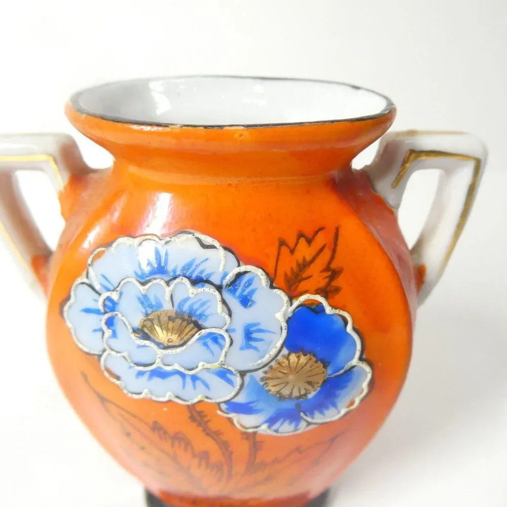 Orange Vase Blue Flowers Art Deco Japan Vintage Porcelain 3.75